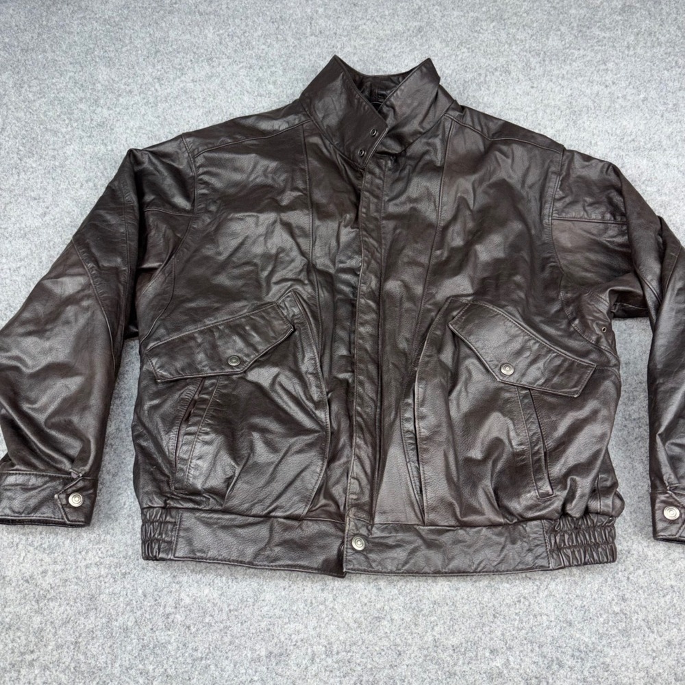 London Towne Leather Bomber Jacket Mens Large Brown Vintage Full Zip Coat Casual